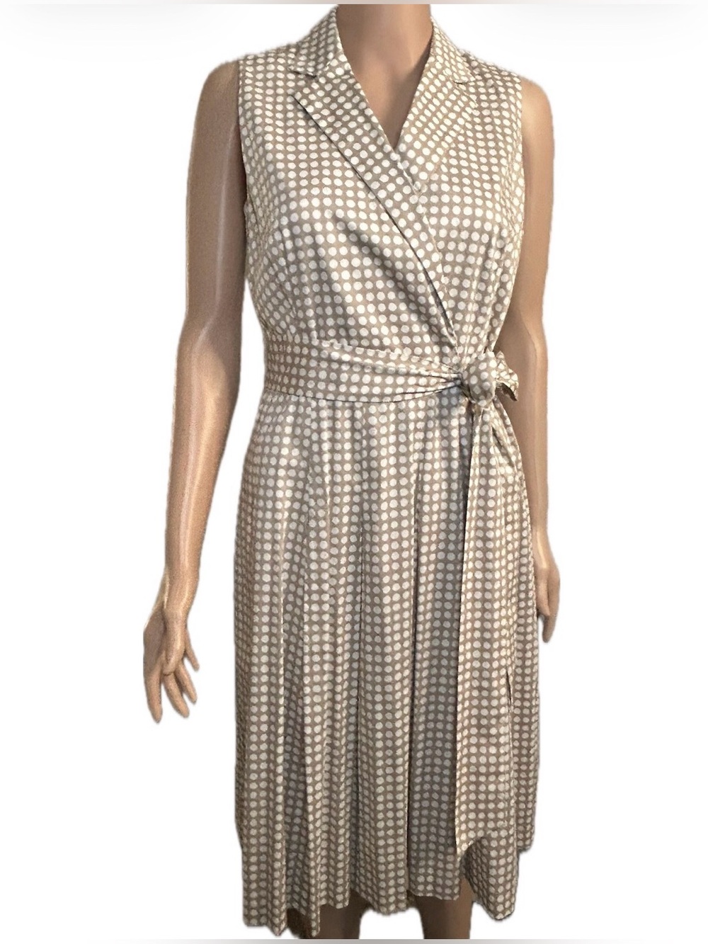 Anne Klein Beige and White Sleeveless Polka Dot Wrap Dress